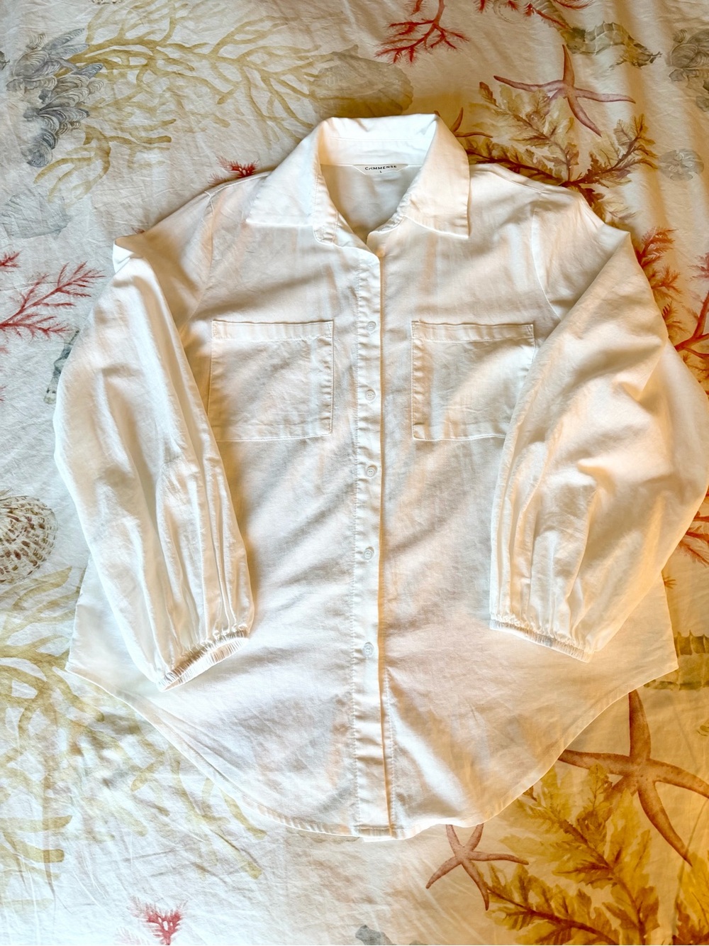 Commense White Cotton Linen Button-Up Blouse Oversized Balloon Sleeves Tailored
